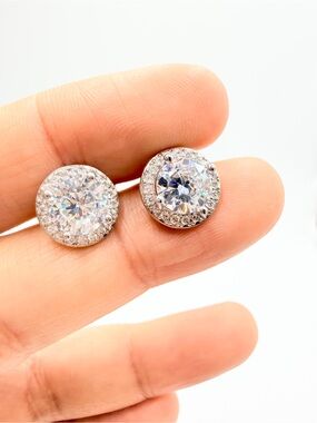 Silver Tone CZ Halo Clip-On Earrings Round Cubic Zirconia Studs